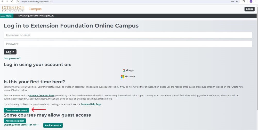 Webpage to create Extension Foundation Campus account