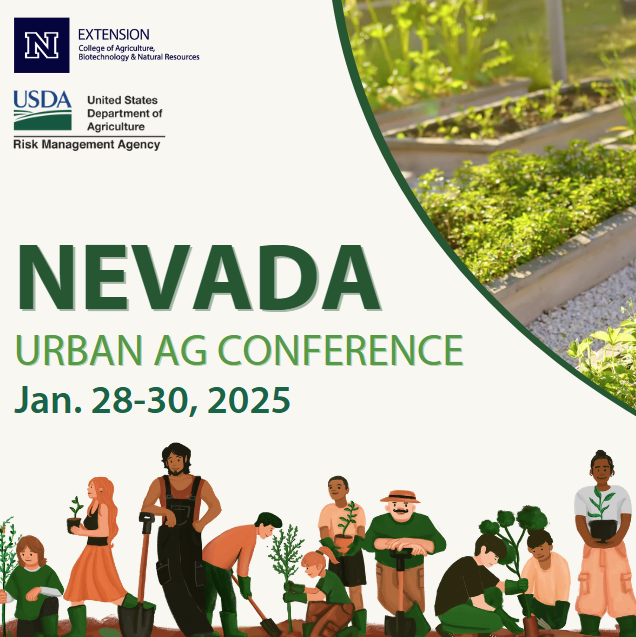 2024 Nevada Urban Ag Conference graphic with community garden background and artwork of people planting. 