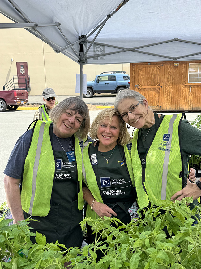 Three people standing behind plants.