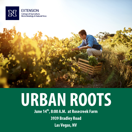 Image of farmer with text "URBAN ROOTS June 14*, 8:00 A.M. at Rosecreek Farm 3939 Bradley Road Las Vegas, NV"