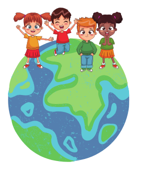 Cartoon kids on an earth, New Faces, New Places identifier