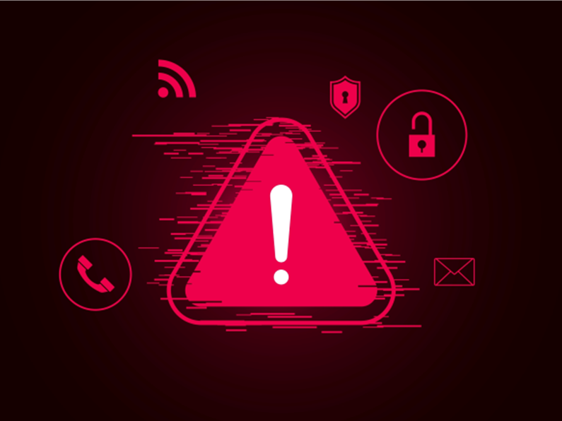 Red warning signs against malware viruses, phishing and other cyber crimes. 