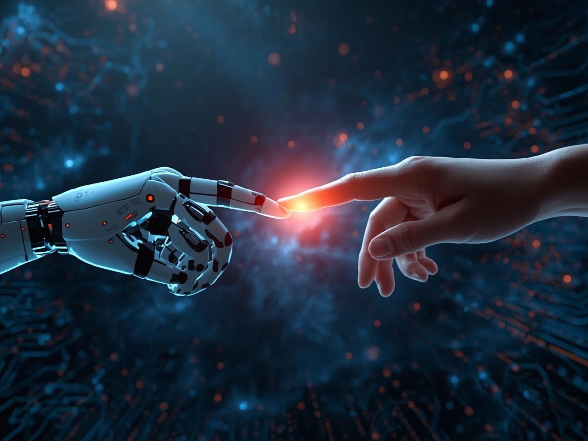 AI robot and human hand touch at fingertips creating a glow