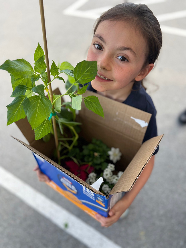 A child holding a box of plants.