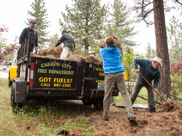 Photo of a group of peole loading yard debris into a cargo trailer 