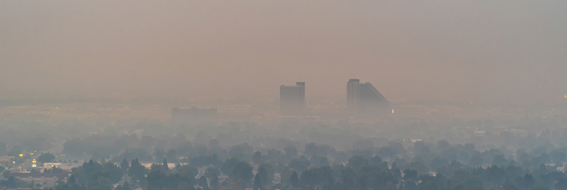 Photo of a city covered in a cloud of wildfire smoke