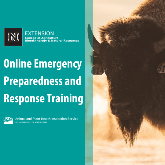 UNR Extension logo and USDA logo with livestock with text that reads "Online Emergency Preparedness and Response Training"