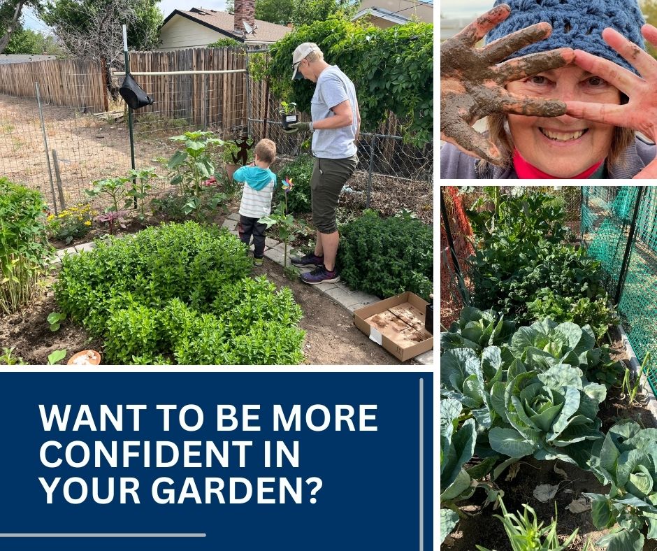 Collage of Master Gardeners in garden with text that reads "Want to be a more confident gardener?"