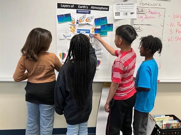 Four youth are collaborating placing objects on a poster.
