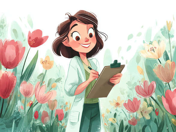 Evaluator With a Clipboard Among Spring Tulips