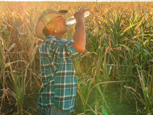 A male farmer drinking water in corn field under summer hot sunshine