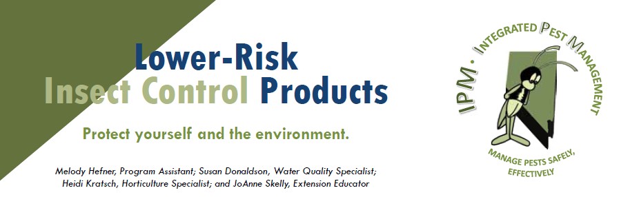 A graphic with the text "Lower-Risk Insect Control Products, Protect Yourself and the Environment" featuring green and white shapes and a bee logo.