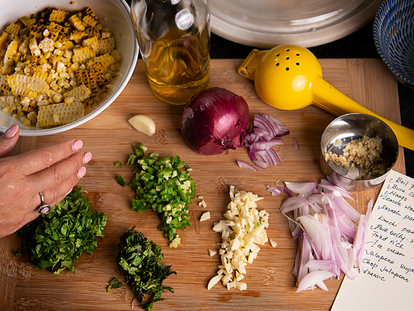 Photo of Recipe and fresh ingredients on a cutting board. 