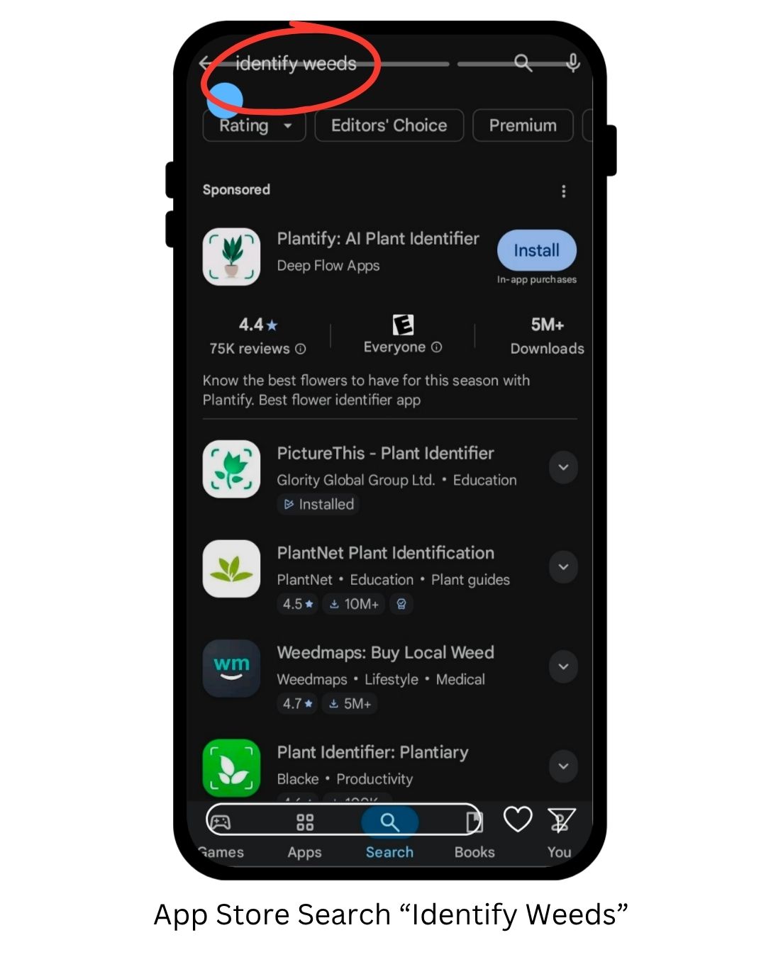 A phone screenshot of an app store search for "Identify Weeds" returns many results
