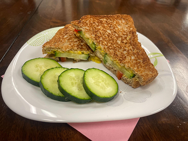 sandwich with vegetables and sliced cucumbers on the side on a white plate.