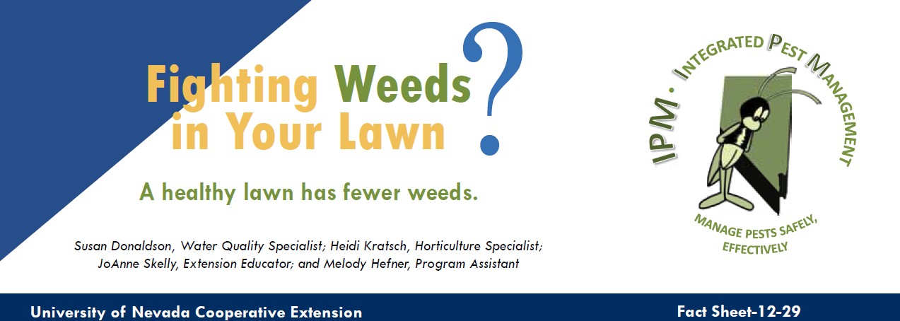 A graphic with blue and white shapes, a bee logo and text that reads "Fighting Weeds in Your Lawn"
