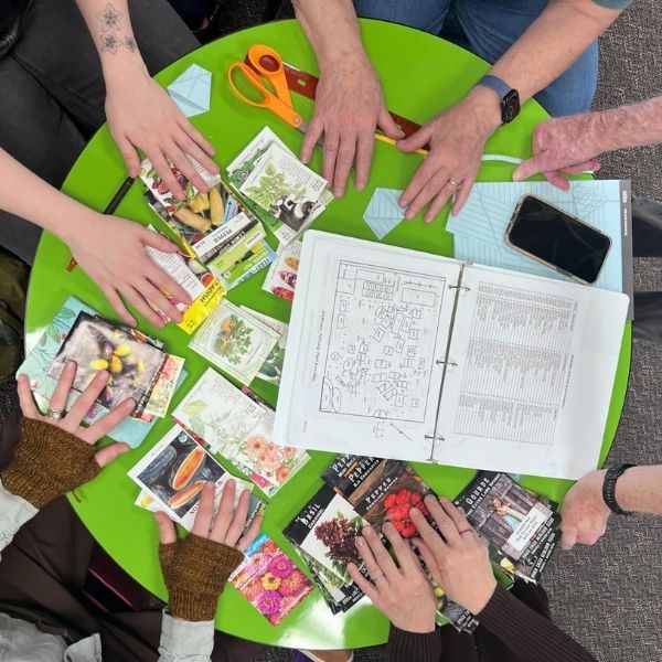 Hands of volunteers over the top of seed packets