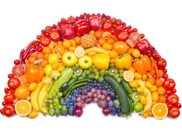 Fruits and Vegetables in the shape of a rainbow.