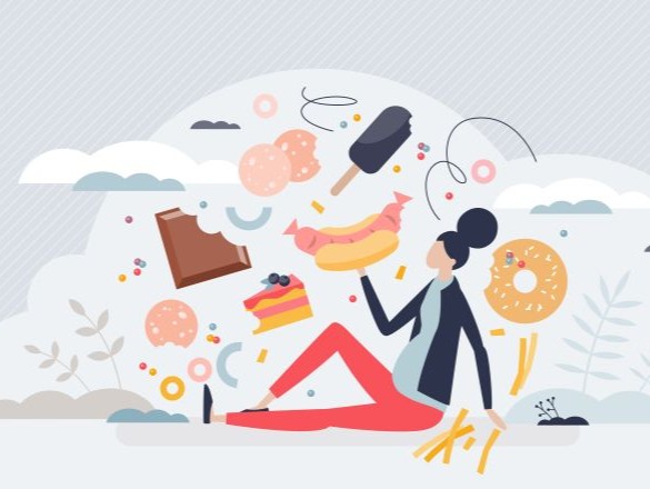 Cartoon person showing binge eating.