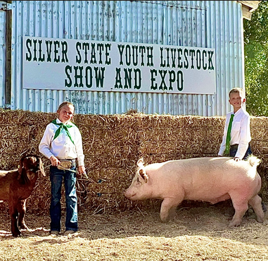 In a haystack field stands a brown goat with a young girl. She holds the goat's bridle and smiles. She is wearing a white shirt and green 4-H kerchief. On the right is a pink swine and a young boy. He smiles and holds the animal. He is wearing a white shirt and green 4-H tie. Behind them on a steel barn wall is a sign that reads "Silver State Youth Livestock Show and Expo".