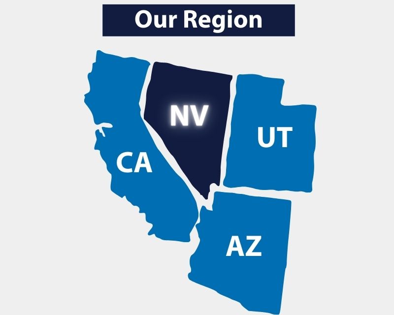 Map showing California, Nevada, Utah and Arizona, with Nevada highlighted.