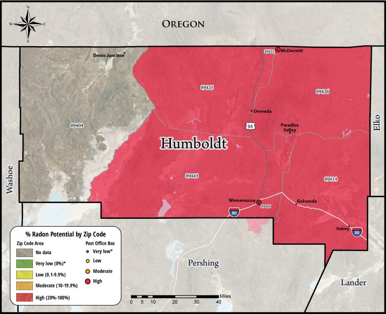 Radon map of Humboldt County. Radon potential shown by zip code area. The majority of Humboldt County falls in the high range. West Humboldt County shows no data.