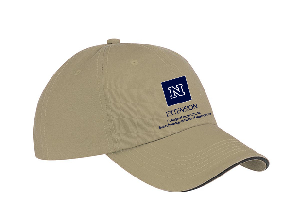 Khaki hat embroidered with the College's Extension logo.