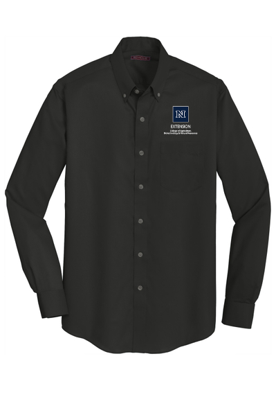 A Red House Men's Non-Iron Twill Shirt in black, embroidered with the College's Extension logo.