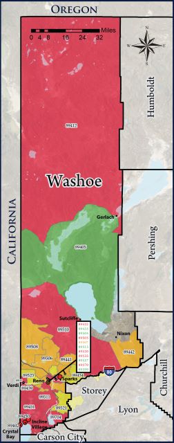 radon map of washoe county with red, green, orange, and tan colors. Radon potential shown by zip code area. 