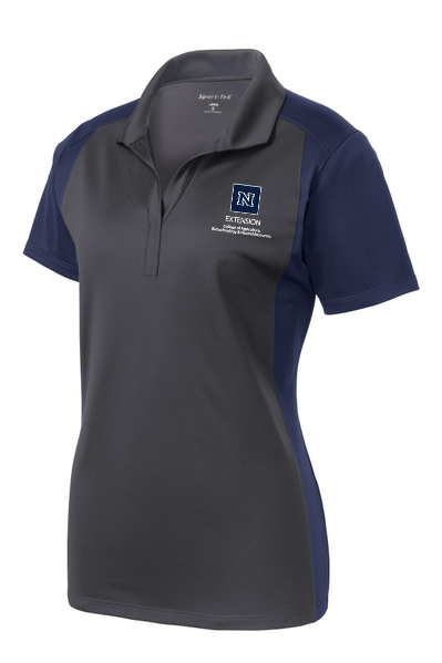 A colorblock polo in iron grey/true navy and embroidered with our College's Experiment Station logos.
