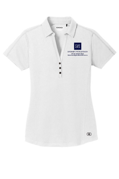 A white polo embroidered with our College's Experiment Station and Extension combo logo.