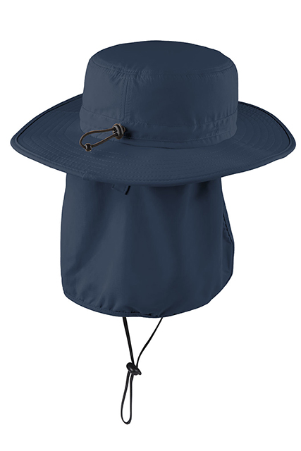 The back of the bucket hat, with its concealable sun flap extended.
