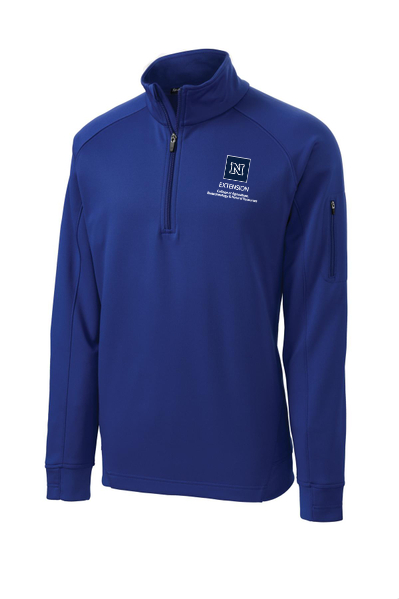 A 1/4-zip fleece in true royal and embroidered with the College's Extension logo.
