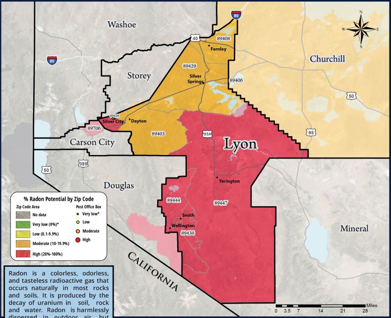 Radon map of Lyon County. Radon potential shown by zip code area. The majority of Northern and North eastern Lyon County falls in the moderate range. Silver City falls in the high range. The rest of Lyon County falls in the high range.