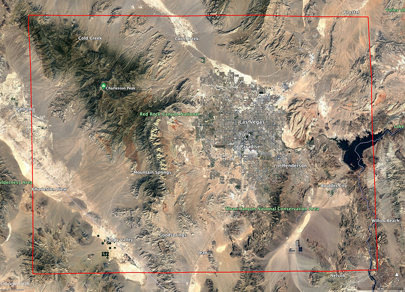 Satellite map of the las vegas area, from cold creek down trough nelson. 