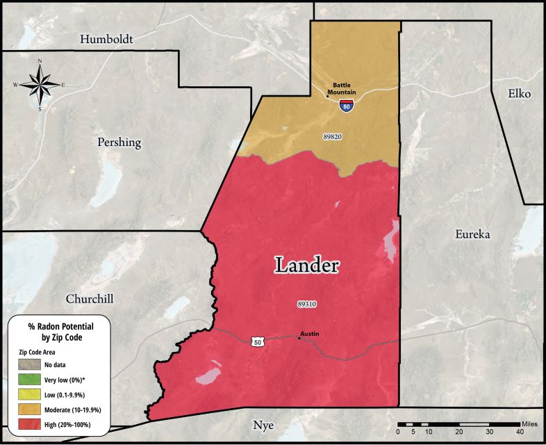 Radon map of Lander County. Radon potential shown by zip code area. The majority Lander County is in high range. Northern Lander County is in the moderate range.
