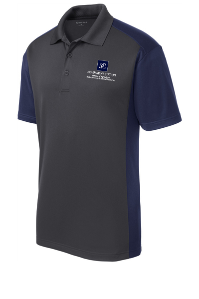 An iron grey and true navy colorblock polo embroidered with the College's Experiment Station logo.