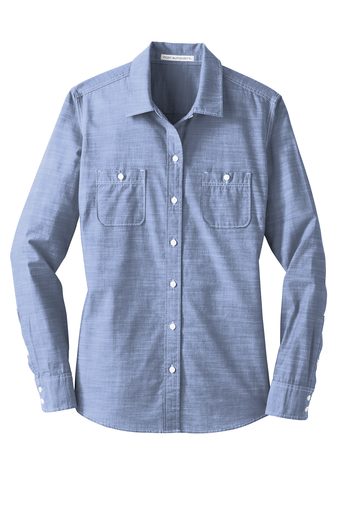 A ladies slub chambray shirt in light blue.