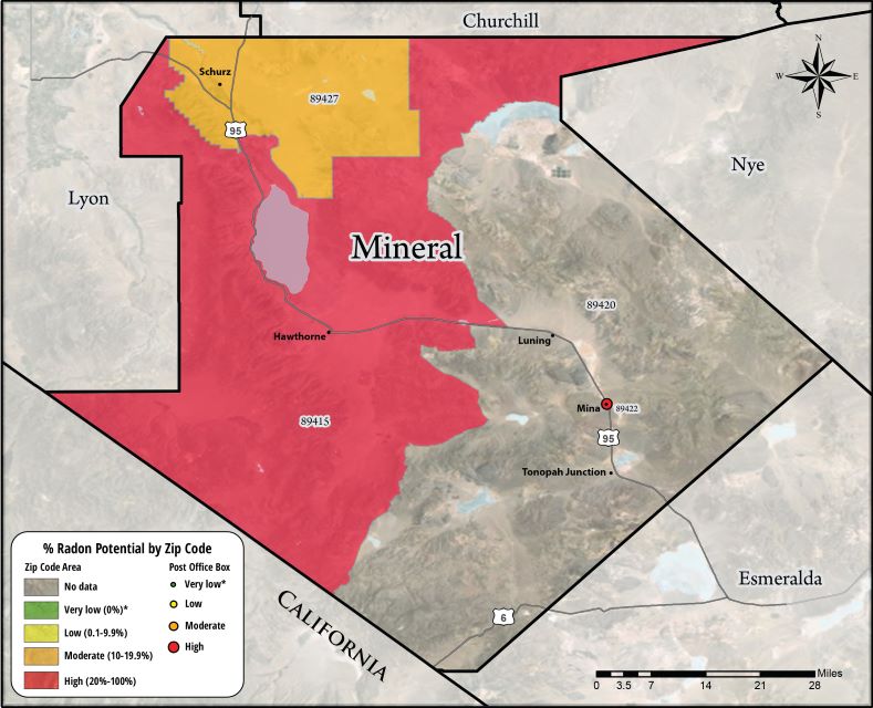 Image of mineral county radon map in tan, red, and yellow. Radon key at bottom left corner. Radon potential shown by zip code area. 