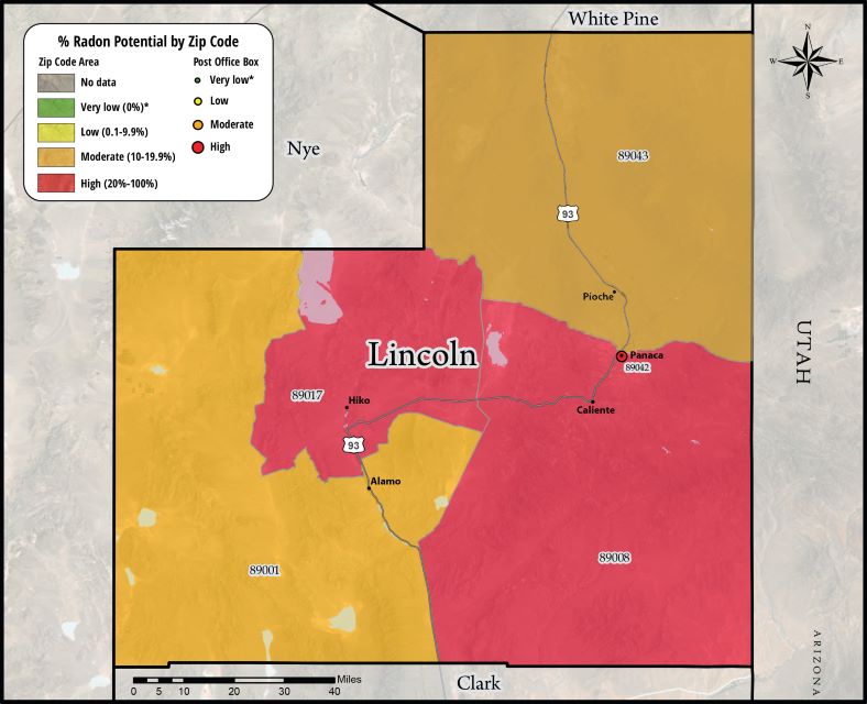Radon map of Lincoln County. Radon potential shown by zip code area. The majority of Eastern Lincoln County falls in the moderate range. The rest of Lincoln county falls in the high range.