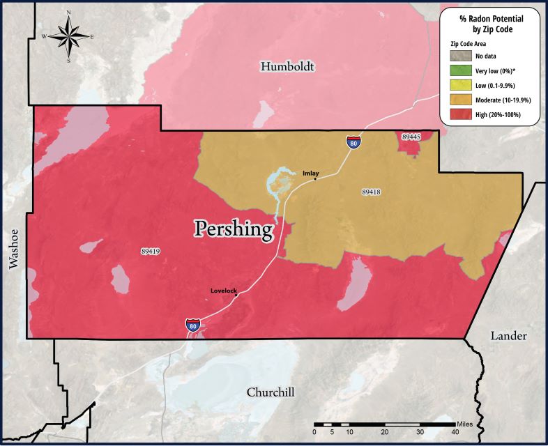 radon map of Pershing County in red, yellow, and tan. Key of radon potential is at top right corner. Radon potential shown by zip code area. 