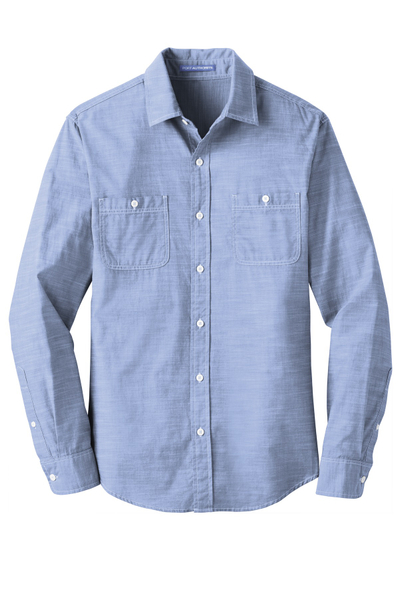 A Port Authority Men's Slub Chambray Shirt in light blue.