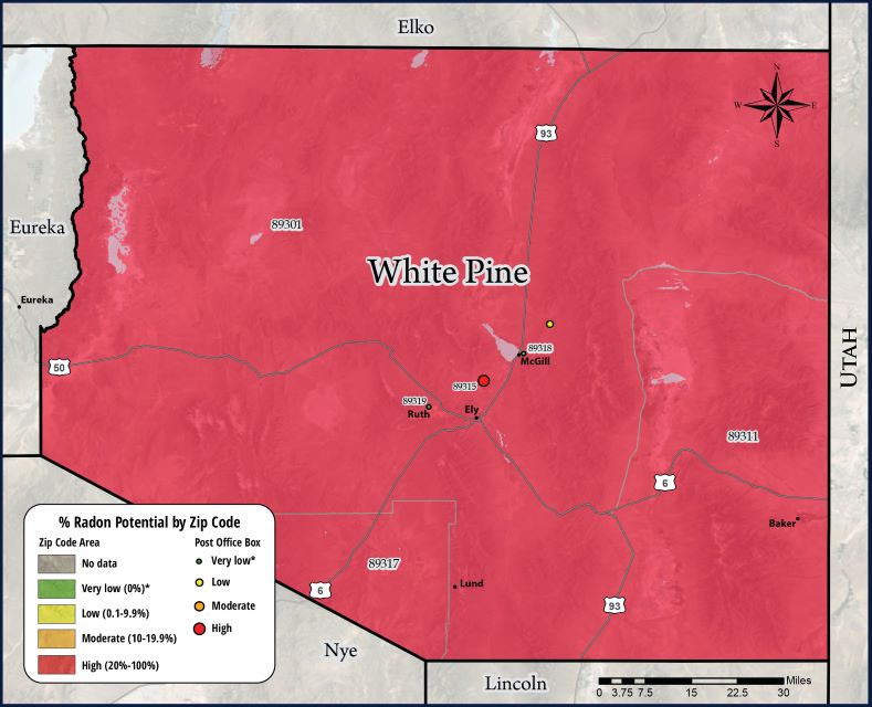 Radon map of White Pine County Nevada. Radon potential shown by zip code area. White Pine County falls in the high range. Radon potential key is in the lower left corner.