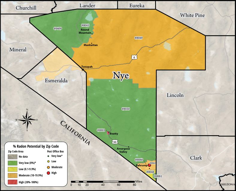 Image of Nye County radon map in green and yellow. Radon key on bottom left corner. Radon potential shown by zip code area. 