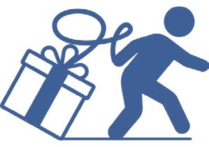 Stick man dragging a holiday package with a lasso.