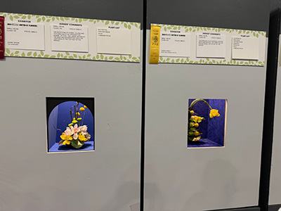 two grey walls with photos of yellow flowers.